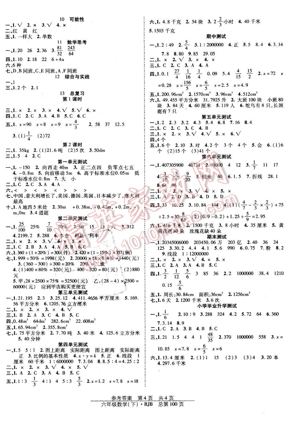 2016年陽(yáng)光訓(xùn)練課時(shí)作業(yè)六年級(jí)數(shù)學(xué)下冊(cè)人教版 第4頁(yè)