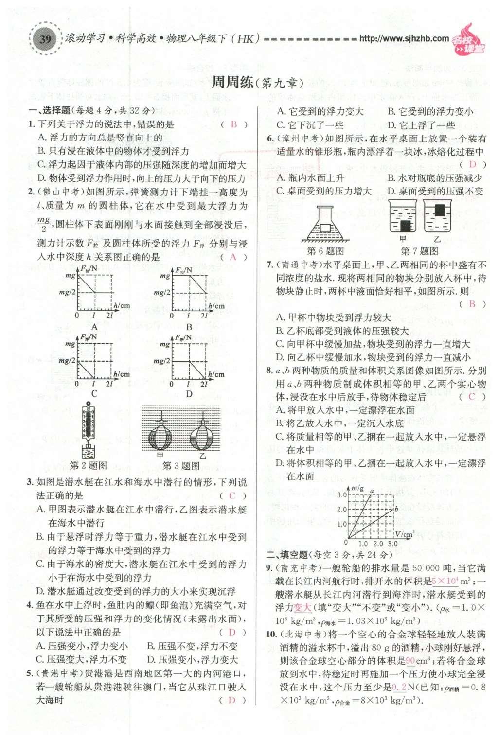 2016年名校課堂滾動(dòng)學(xué)習(xí)法八年級(jí)物理下冊(cè)滬科版 第九章 浮力第98頁(yè)