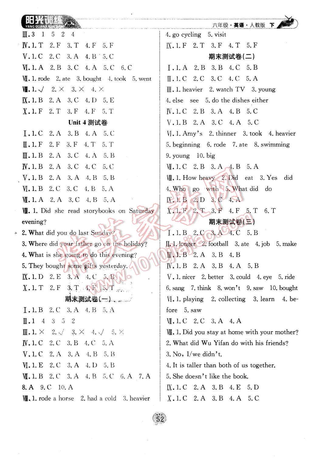 2016年陽(yáng)光訓(xùn)練課時(shí)作業(yè)六年級(jí)英語(yǔ)下冊(cè)人教PEP版 第8頁(yè)