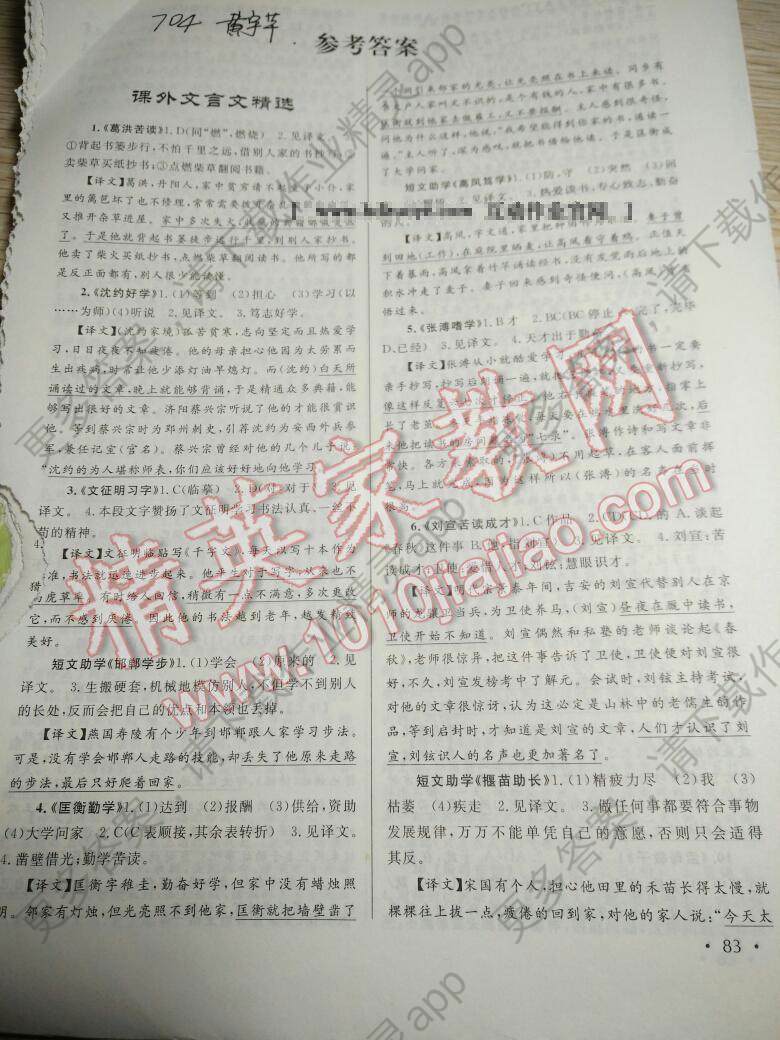 初中新课标阅读文言文课外阅读特训七年级答案