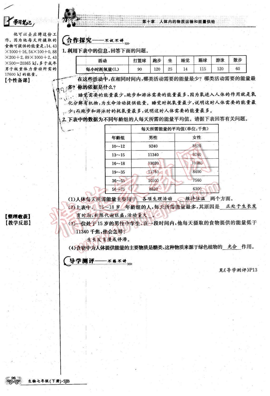 2016年金太陽導(dǎo)學(xué)案七年級生物下冊蘇教版 第26頁