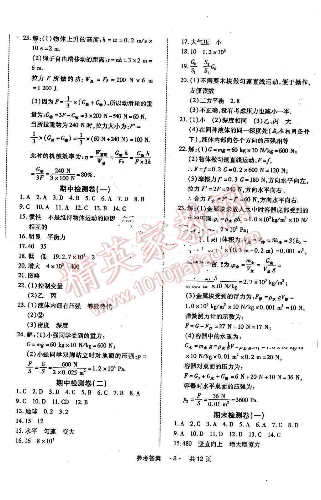 2016年一学通状元大考卷八年级物理下册人教版 第8页