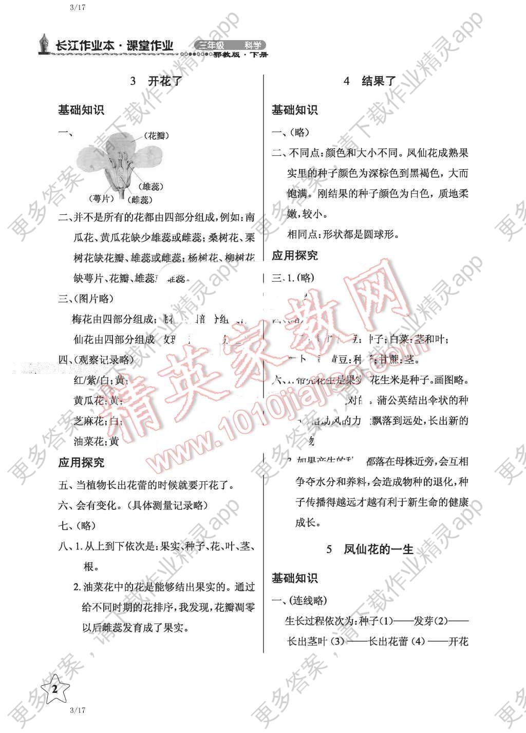 2016年长江作业本课堂作业三年级科学下册鄂教版答案