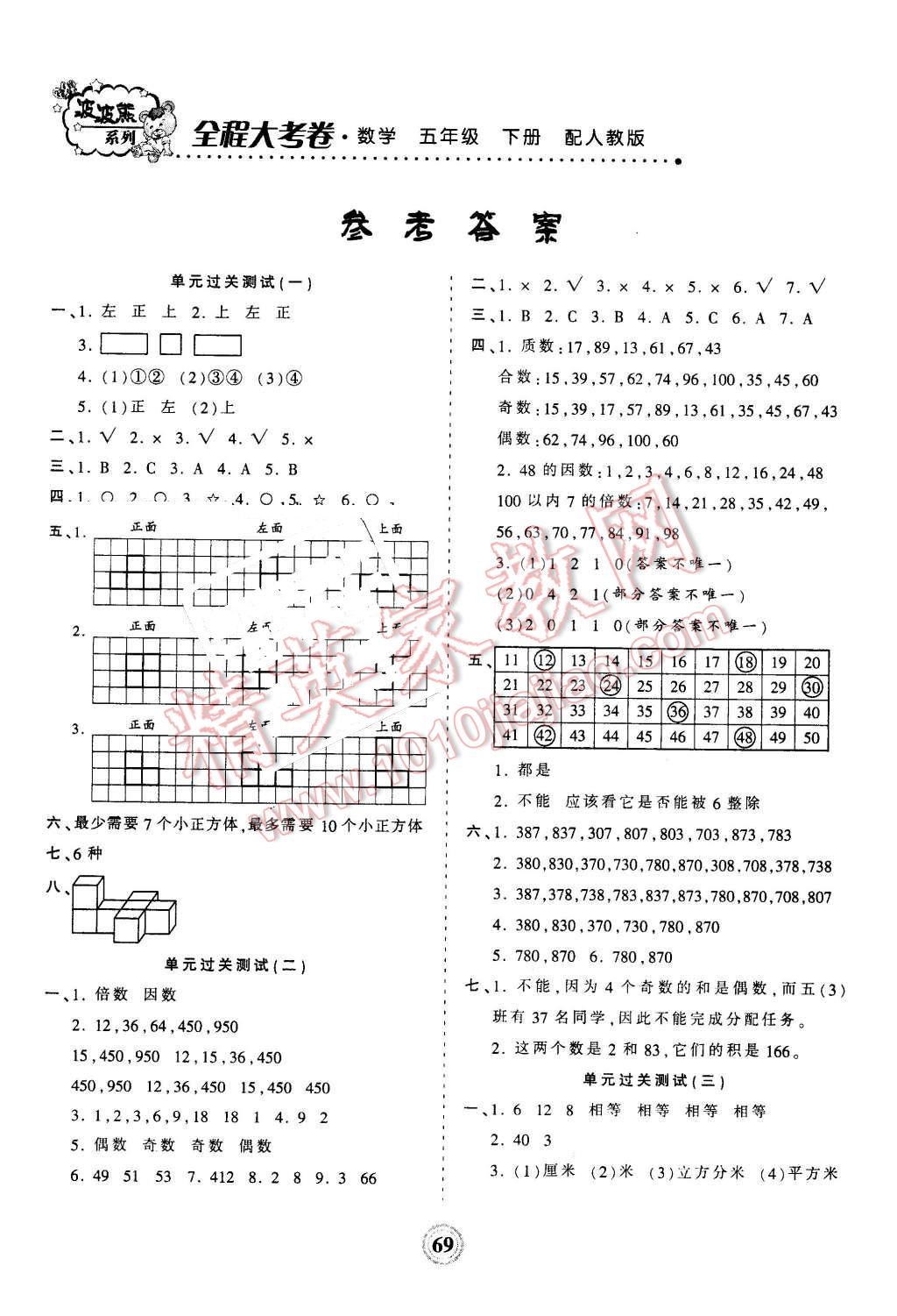 全程大考卷五年级数学下册人教版 第1页 参考答案 分享练习册得积分