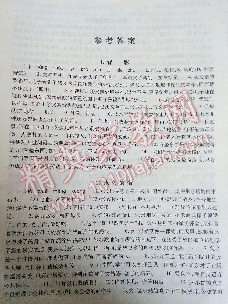 2016年语文同步练习册八年级下册语文版文心出版社答案精英家教网