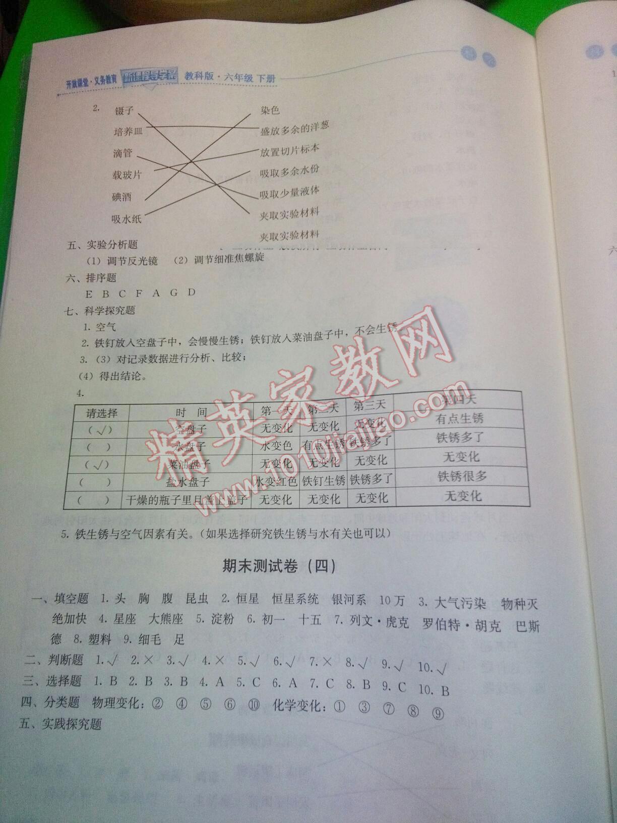 2016年开放课堂义务教育新课程导学案六年级科学下册教科版答案精英