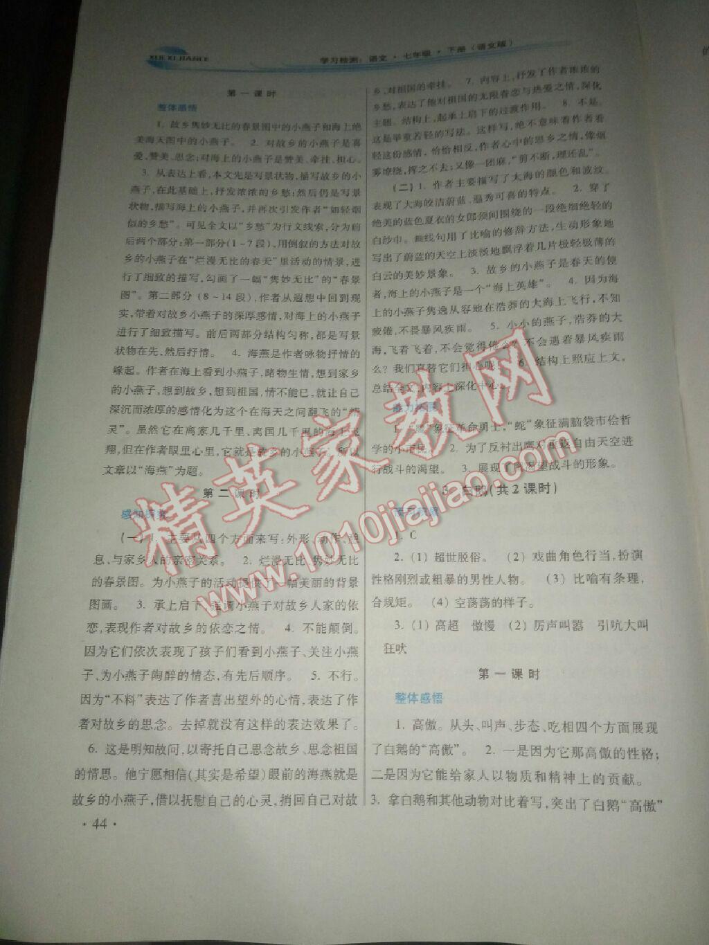 2016年學(xué)習(xí)檢測練習(xí)冊七年級語文下冊河南大學(xué)出版社 第38頁