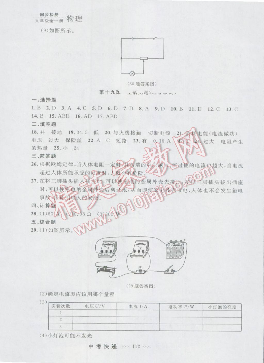 2016年中考快遞同步檢測(cè)九年級(jí)物理全一冊(cè)人教版大連版 參考答案第24頁