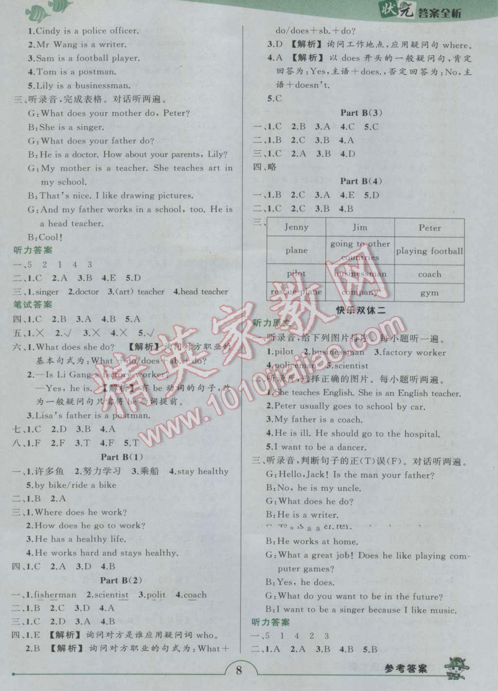 2016年黄冈状元成才路状元作业本六年级英语上册人教PEP版 参考答案第8页