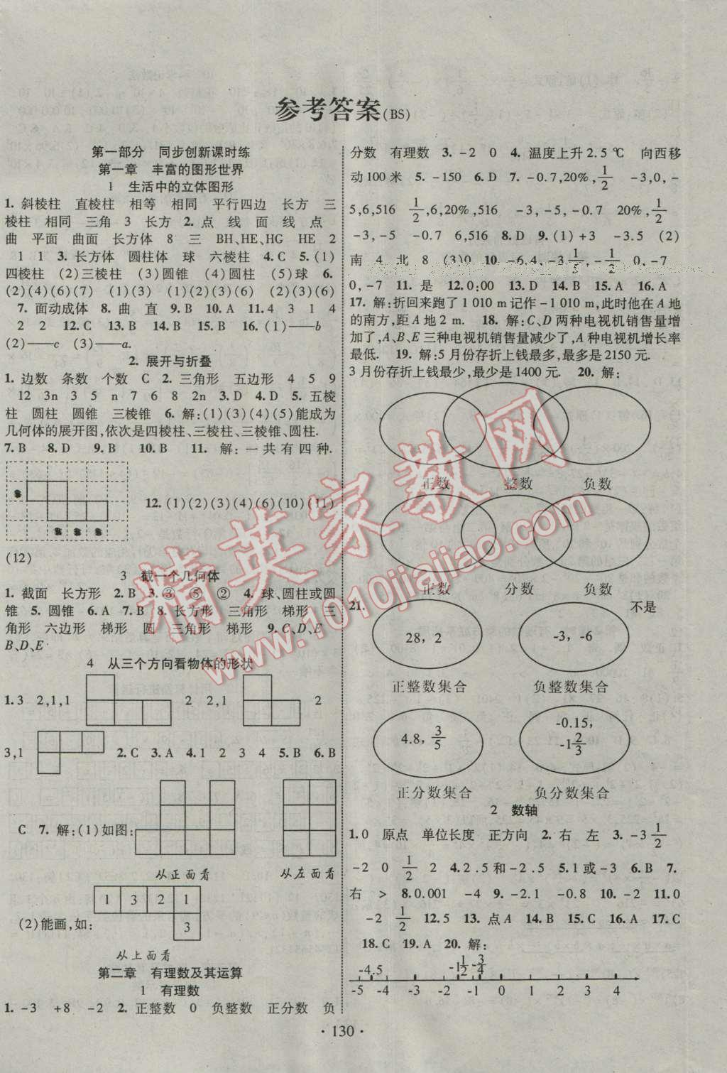 2016年暢優(yōu)新課堂七年級數(shù)學(xué)上冊北師大版 參考答案第1頁