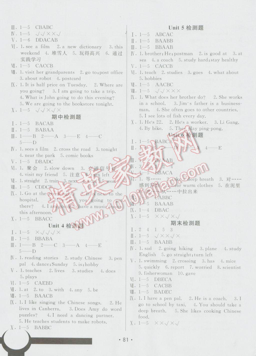 2016年同行课课100分过关作业六年级英语上册人教版 参考答案第7页