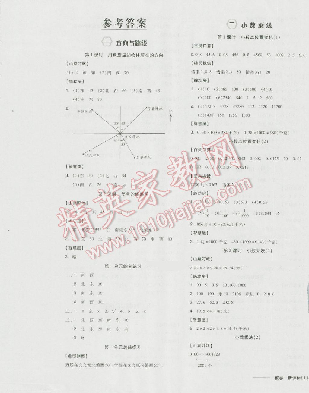 2016年全品学练考五年级数学上册冀教版 参考答案第1页