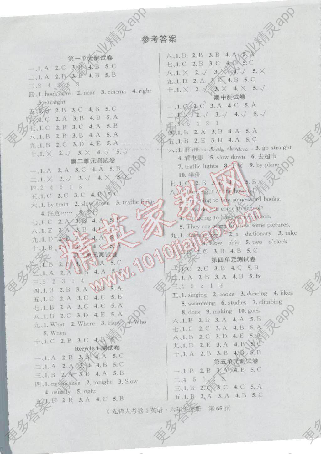 2016年单元加期末复习先锋大考卷六年级英语