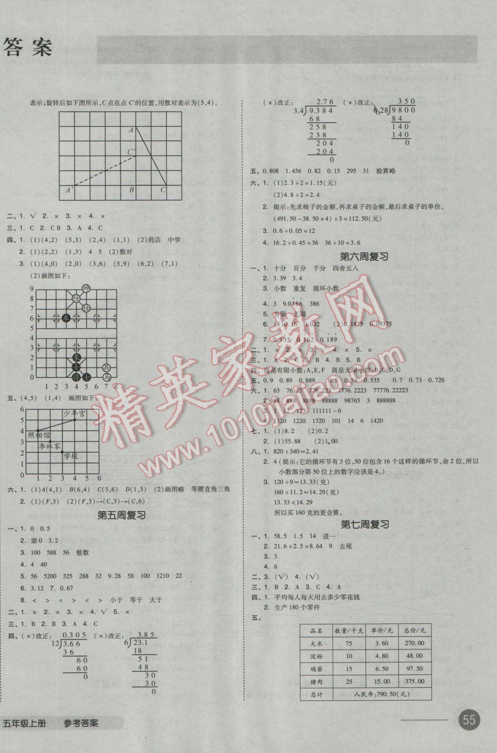 2016年全品小复习五年级数学上册人教版答案—青夏教育精英家教网