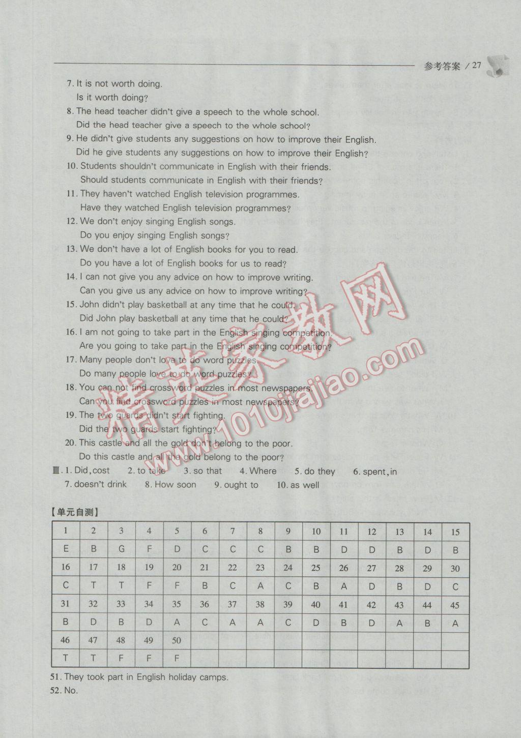 2016年新課程問(wèn)題解決導(dǎo)學(xué)方案八年級(jí)英語(yǔ)上冊(cè)上教版 參考答案第27頁(yè)