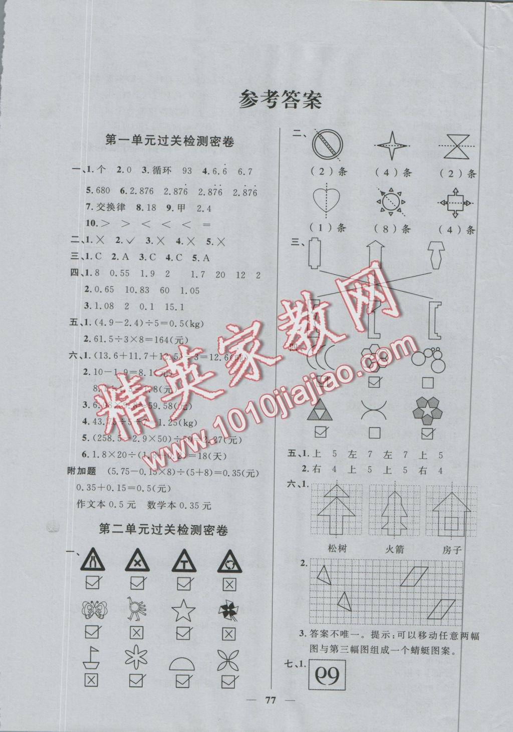 2016年一線名師全優(yōu)好卷五年級數(shù)學(xué)上冊北師大版 參考答案第1頁