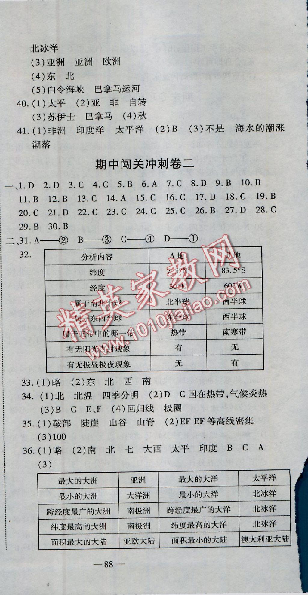 2016年全能闖關沖刺卷七年級地理上冊人教版 參考答案第12頁