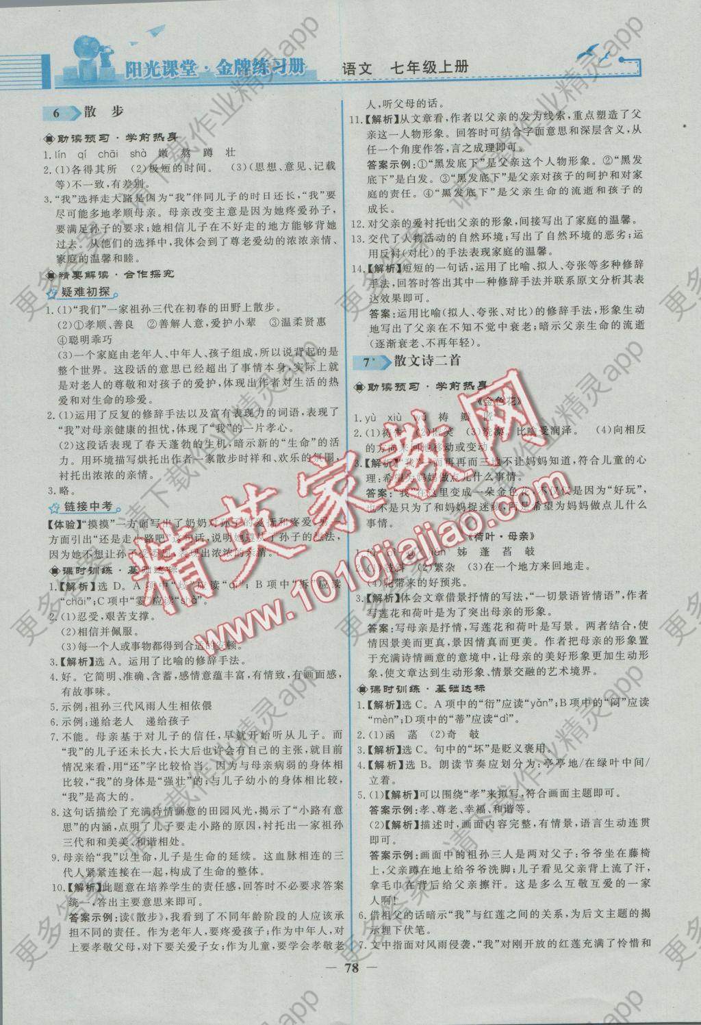 2016年阳光课堂金牌练习册七年级语文上册人教版福建专版 参考答案第4