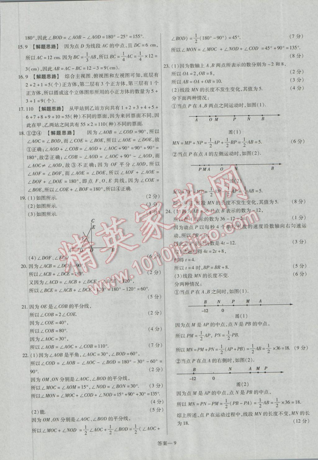 2016年金考卷活頁題選七年級數(shù)學上冊華師大版 參考答案第9頁