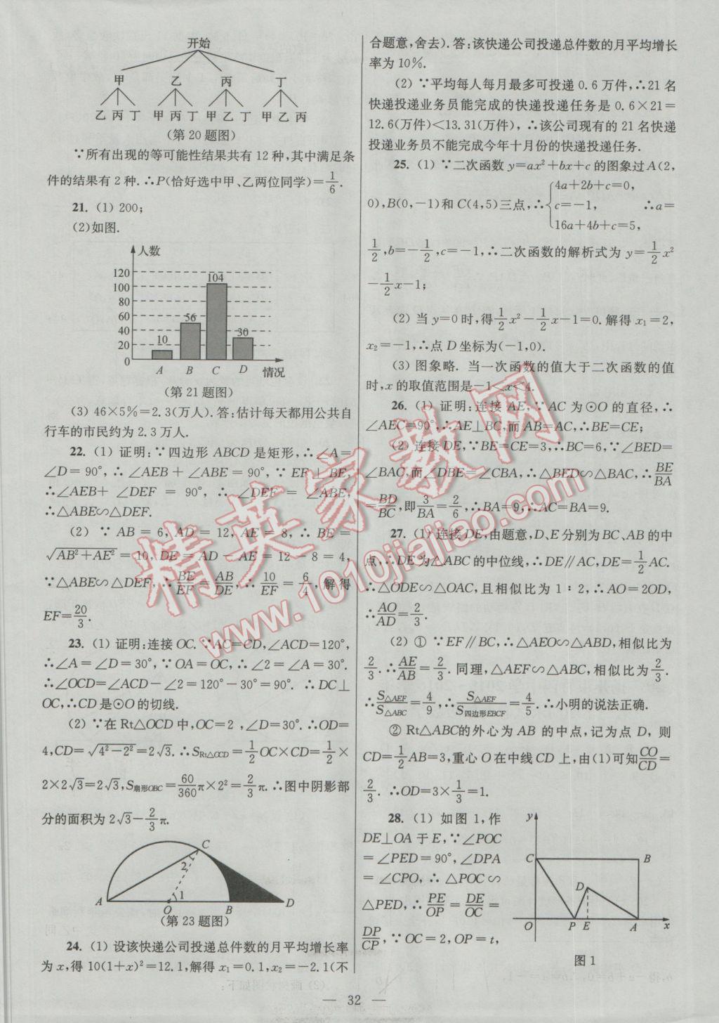 2016年亮點(diǎn)給力大試卷九年級數(shù)學(xué)上冊 參考答案第32頁