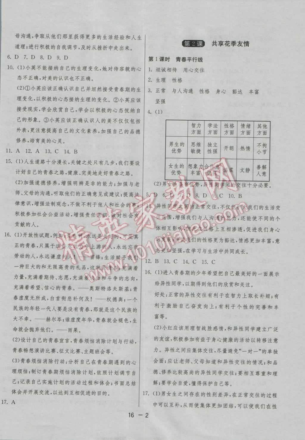 2016年1課3練單元達標測試八年級思想品德上冊北師大版 參考答案第2頁