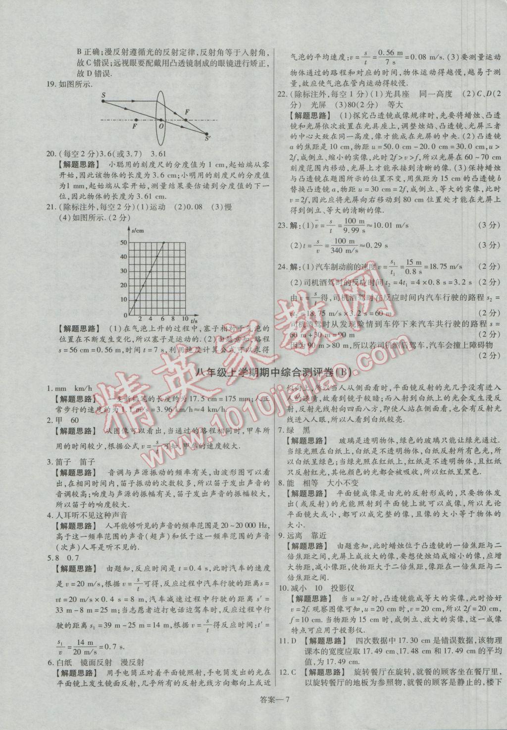 2016年金考卷活頁題選八年級物理上冊滬科版 參考答案第7頁