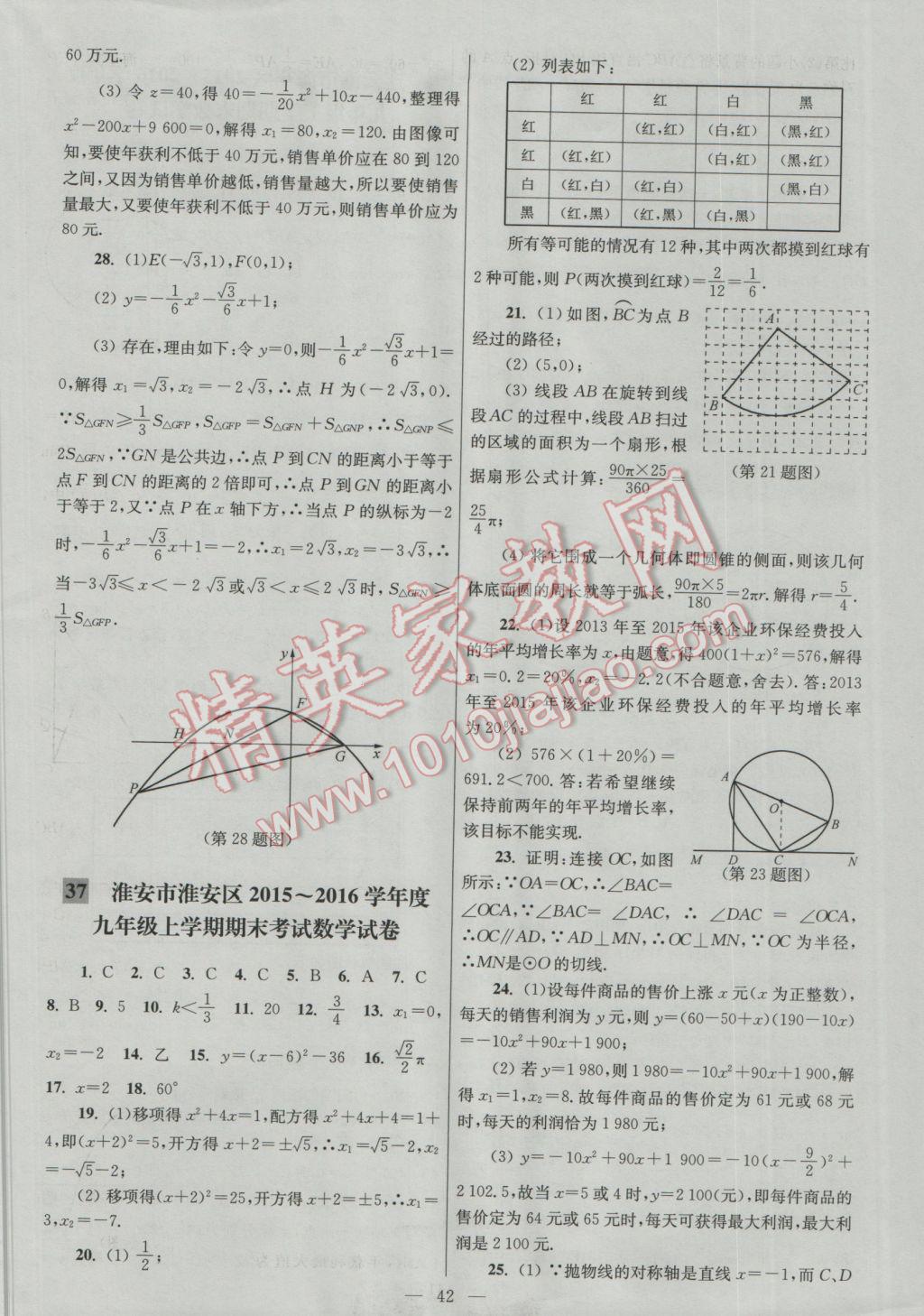 2016年亮点给力大试卷九年级数学上册 参考答案第42页