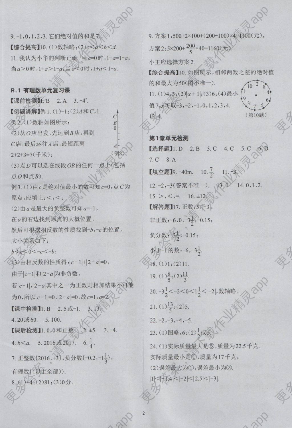 2016年课前课后快速检测七年级数学上册答案