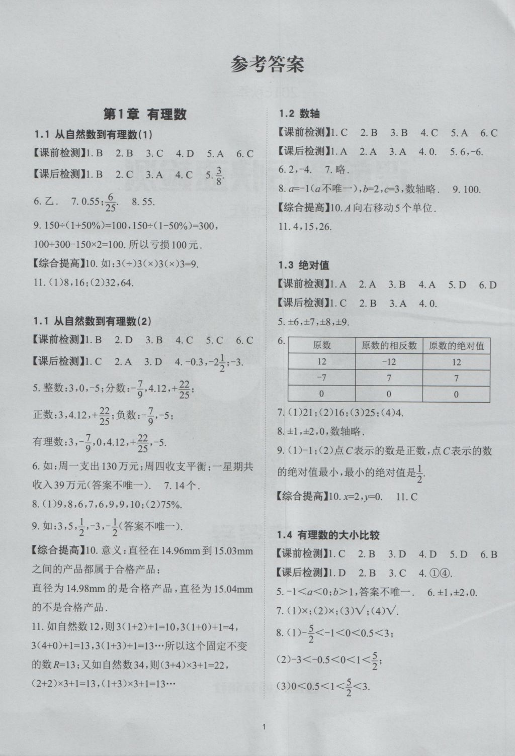 2016年课前课后快速检测七年级数学上册 参考答案第1页 参考答案