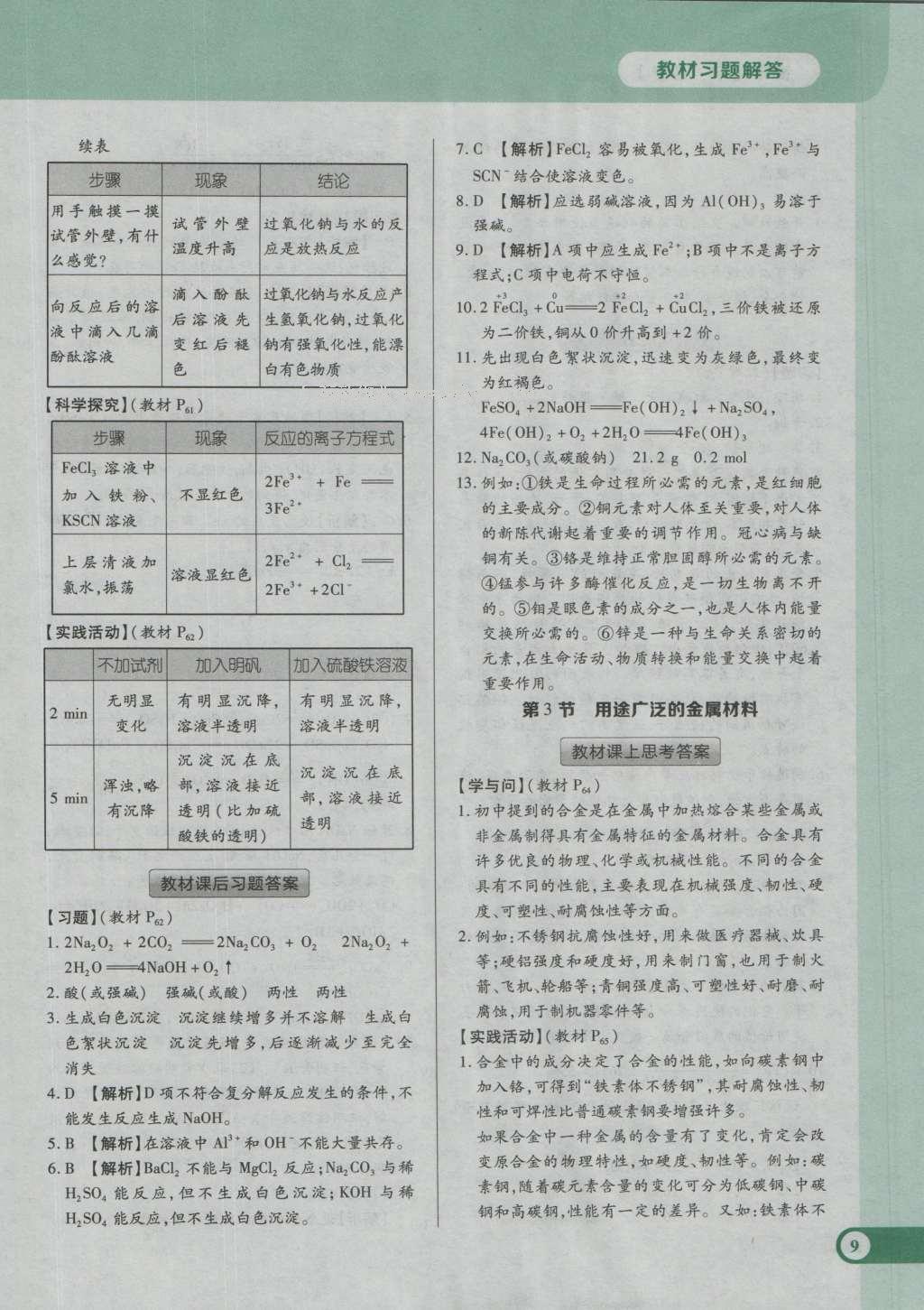 课本人教版高中化学必修1 参考答案第15页