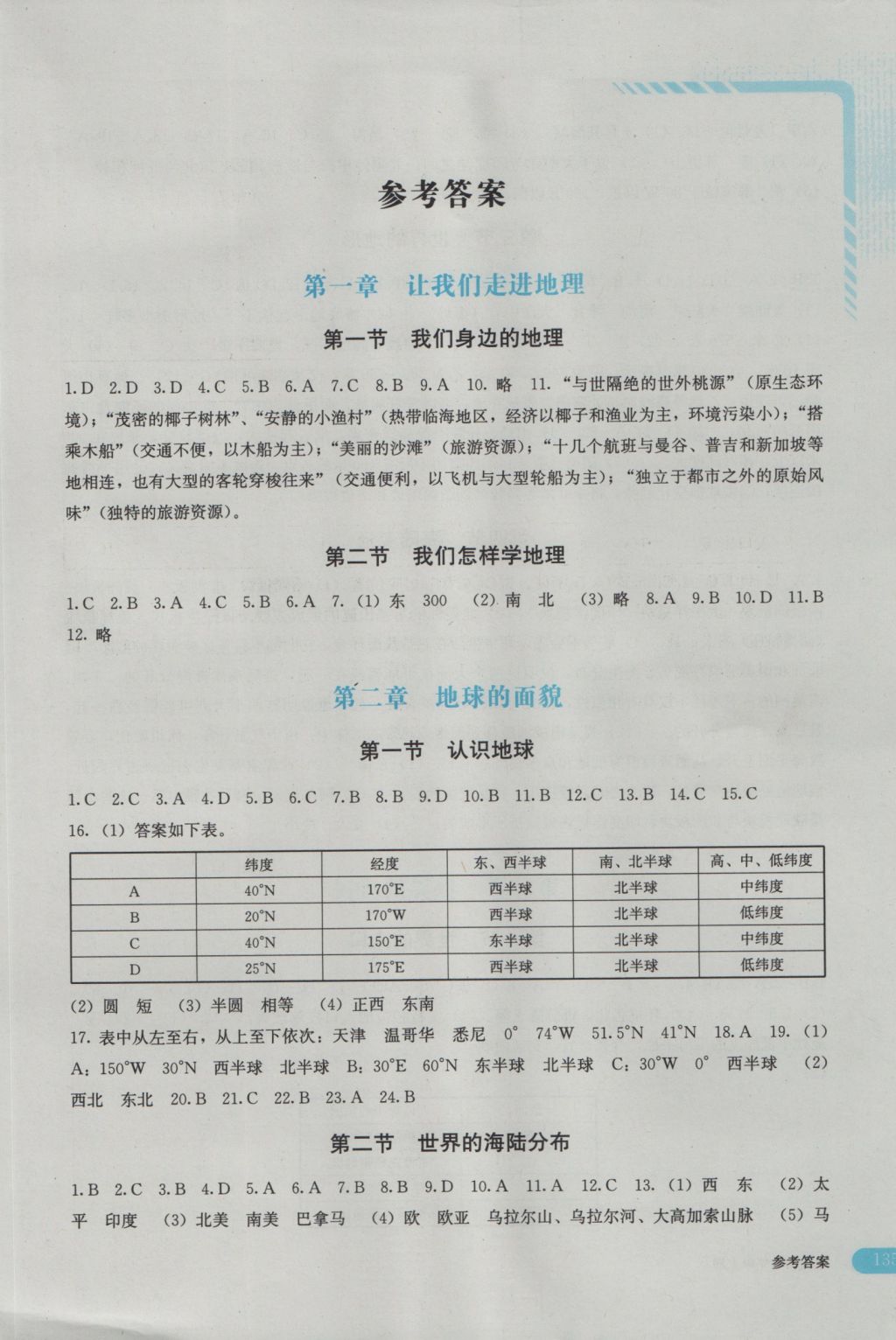 2016年地理助学读本七年级上册 参考答案第1页 参考答案