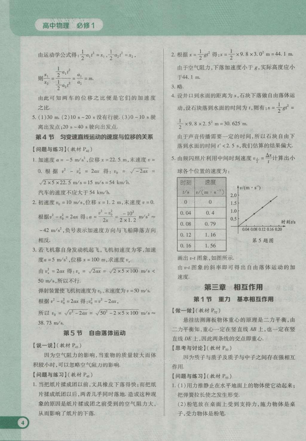 課本人教版高中物理必修1 參考答案第4頁