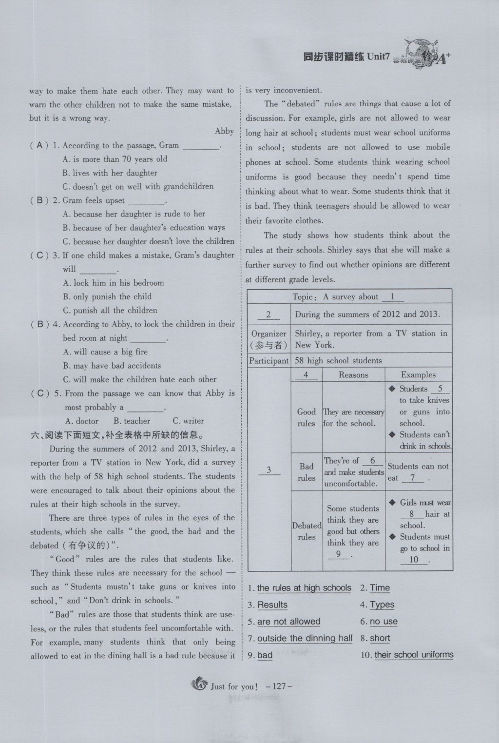 2016年蓉城課堂給力A加九年級(jí)英語(yǔ) Unit 7 Teenagers should be allowed to choose theirown clothes第127頁(yè)