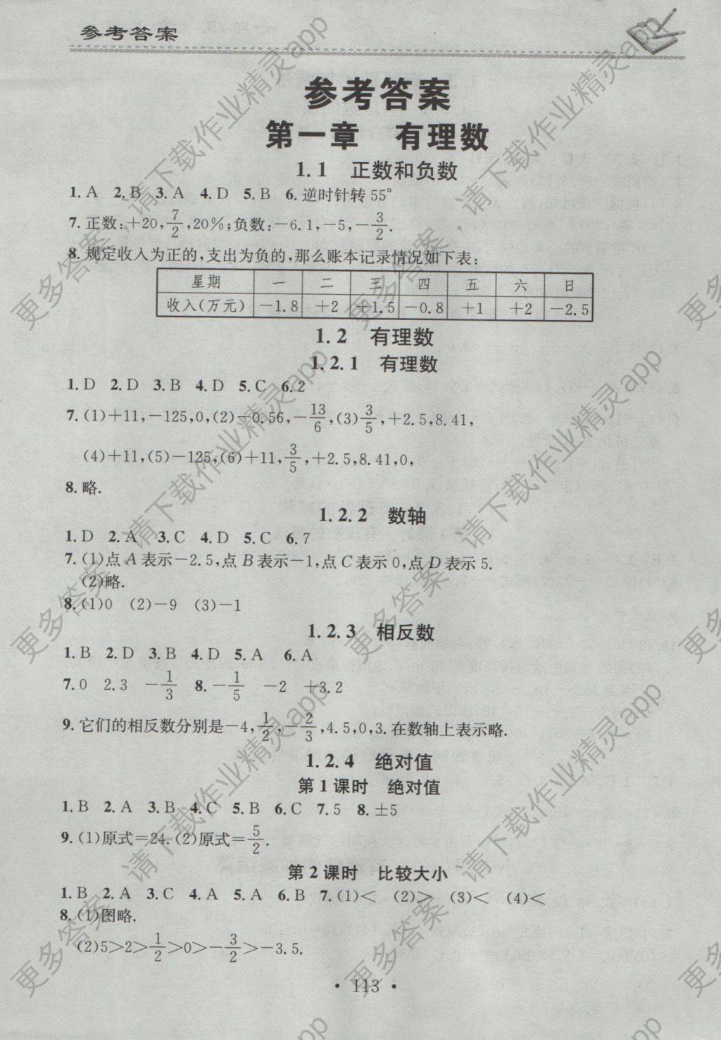 2016年名校课堂小练习七年级数学上册人教版
