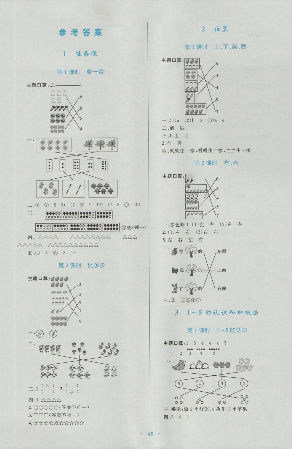 2016年新課標(biāo)小學(xué)同步學(xué)習(xí)目標(biāo)與檢測(cè)一年級(jí)數(shù)學(xué)上冊(cè)人教版 參考答案第1頁(yè)