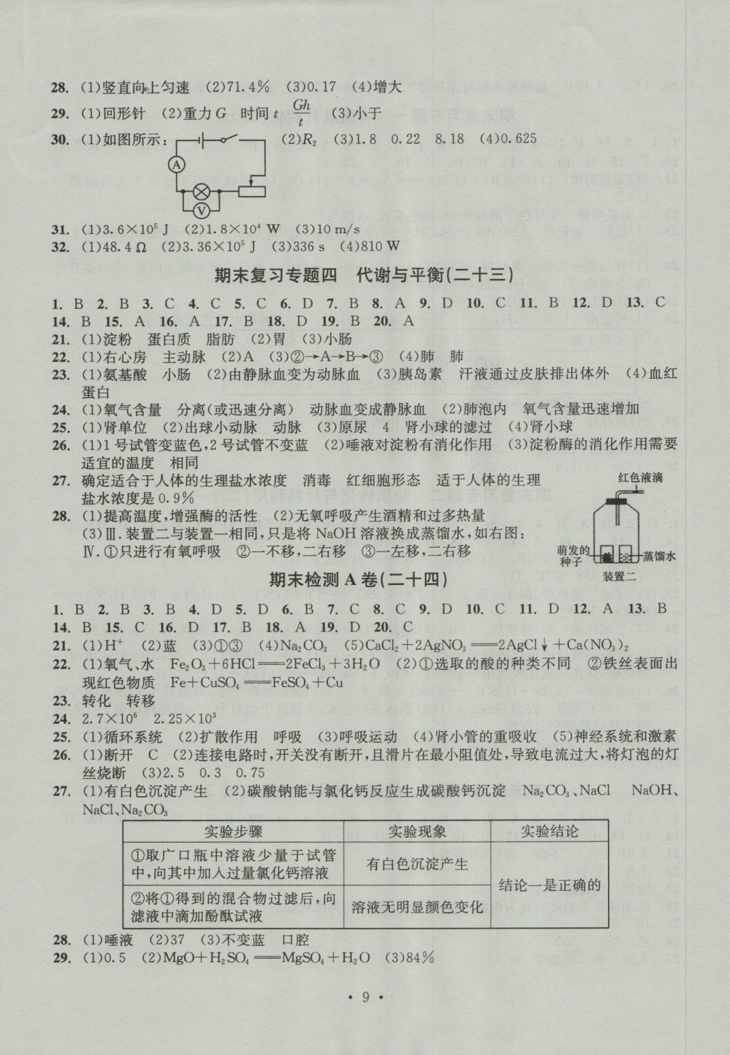 2016年習題E百檢測卷九年級理科綜合科學全浙教版 參考答案第9頁