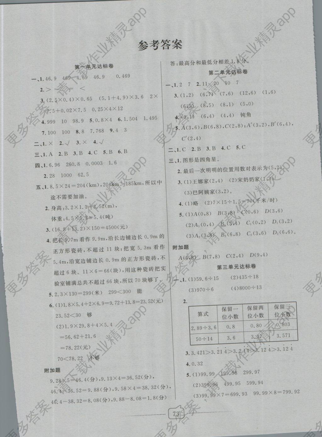 2016年考易通大试卷五年级数学上册人教版 参考答案第1页