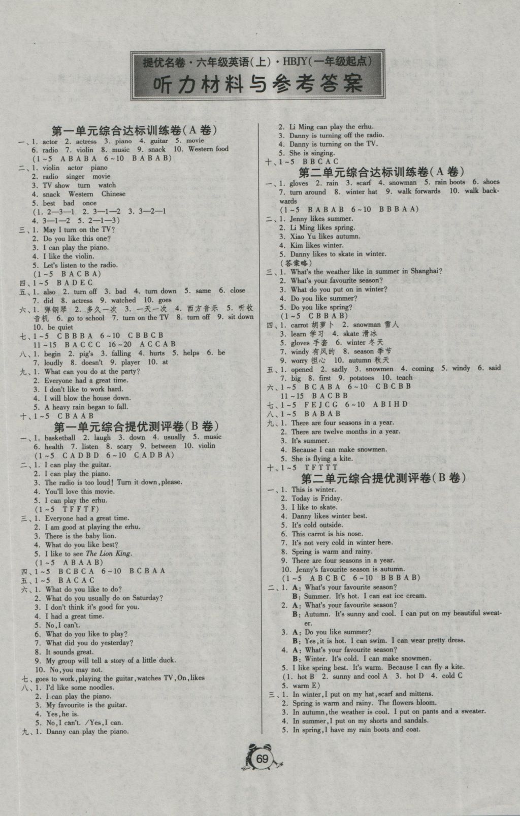 2016年名牌牛皮卷提優(yōu)名卷六年級英語上冊冀教版一起 參考答案第1頁