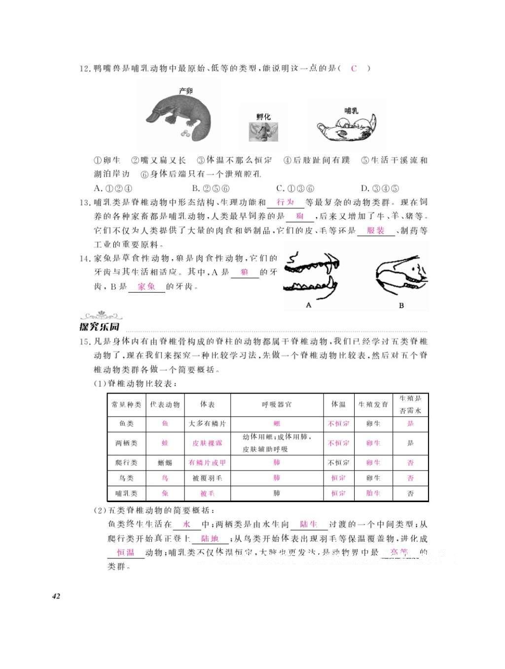 2016年作業(yè)本七年級(jí)生物上冊(cè)冀少版江西教育出版社 參考答案第44頁(yè)