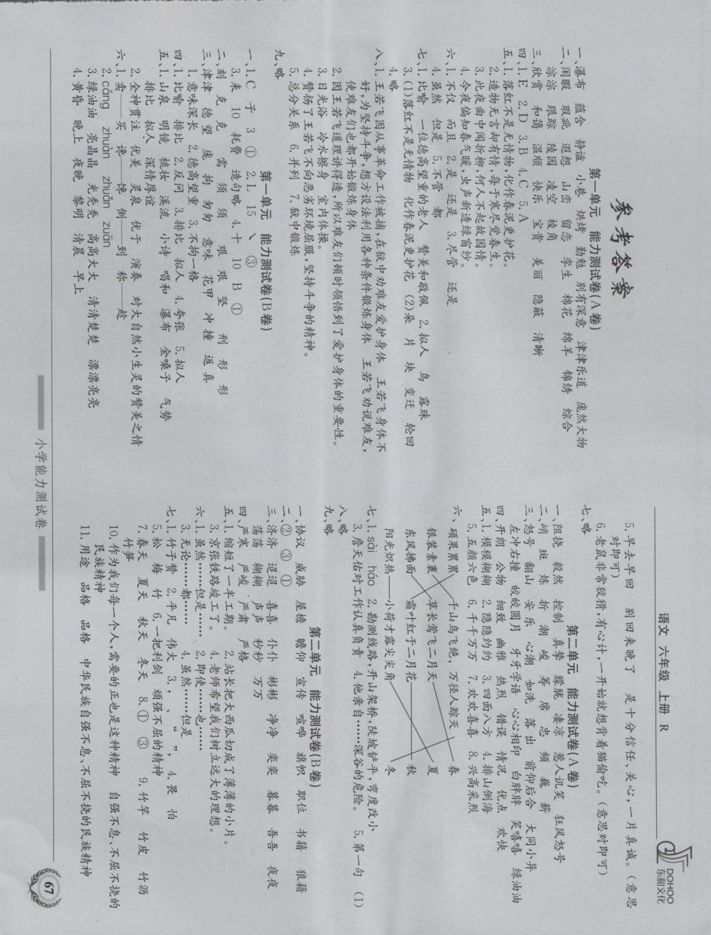 2016年小学能力测试卷六年级语文上册人教版 参考答案第1页