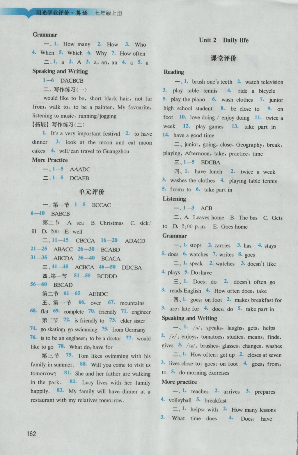 2016年阳光学业评价七年级英语上册沪教版 参考答案第2页