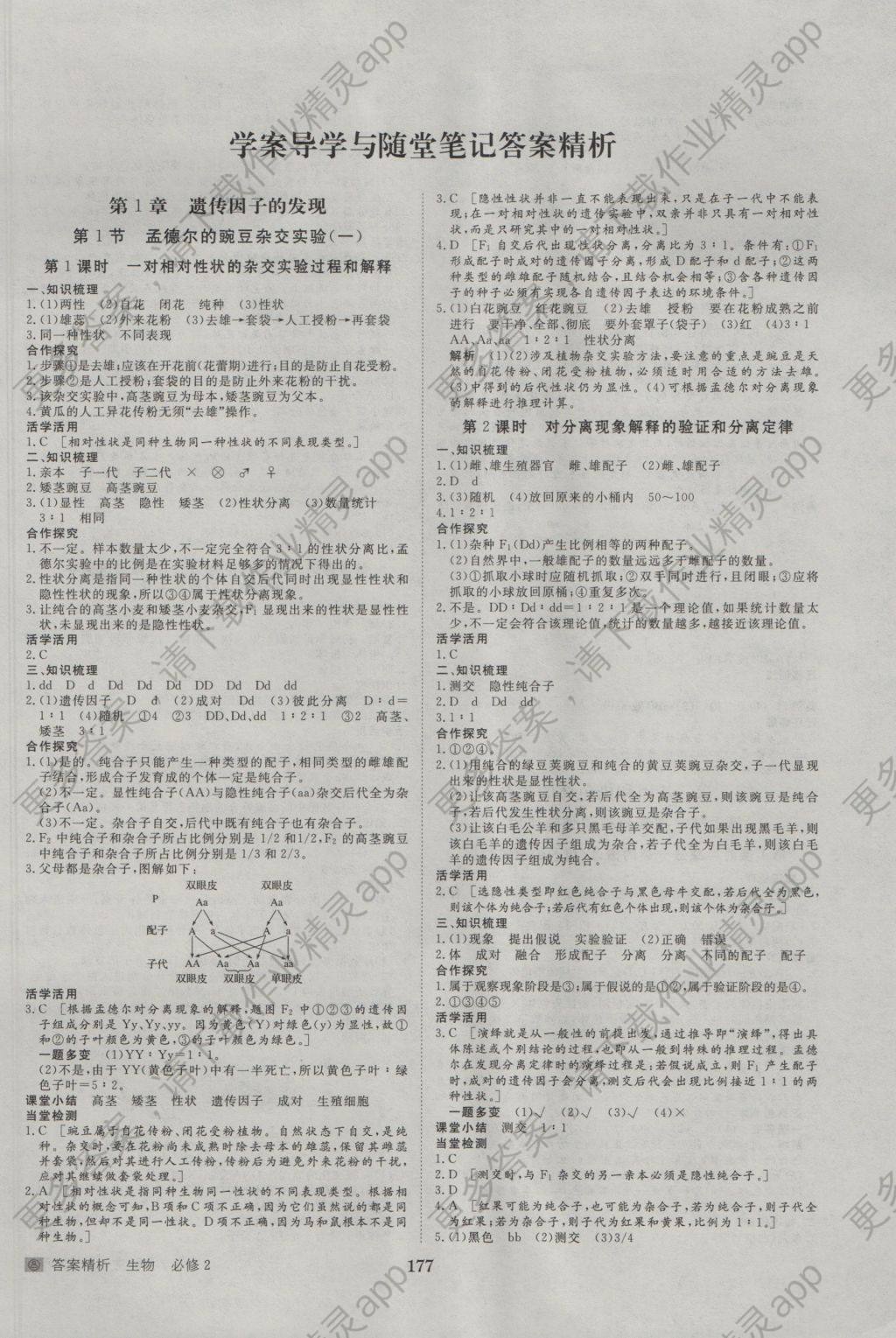 2016年步步高学案导学与随堂笔记生物必修2人教版 参考答案第1页