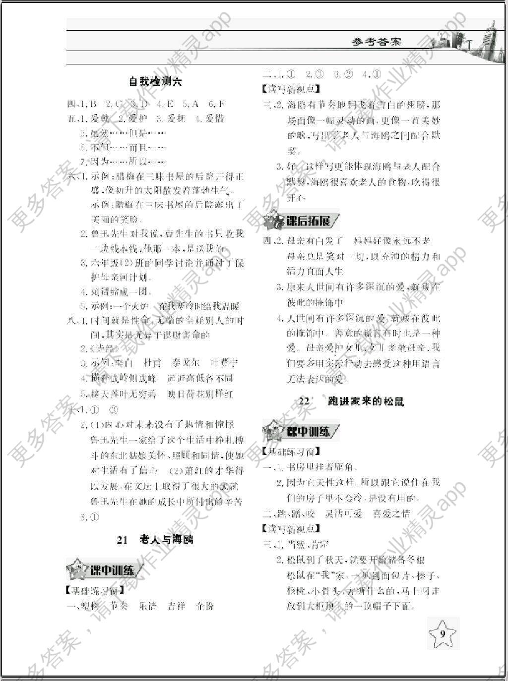 2016年长江作业本同步练习册六年级语文上册人教版