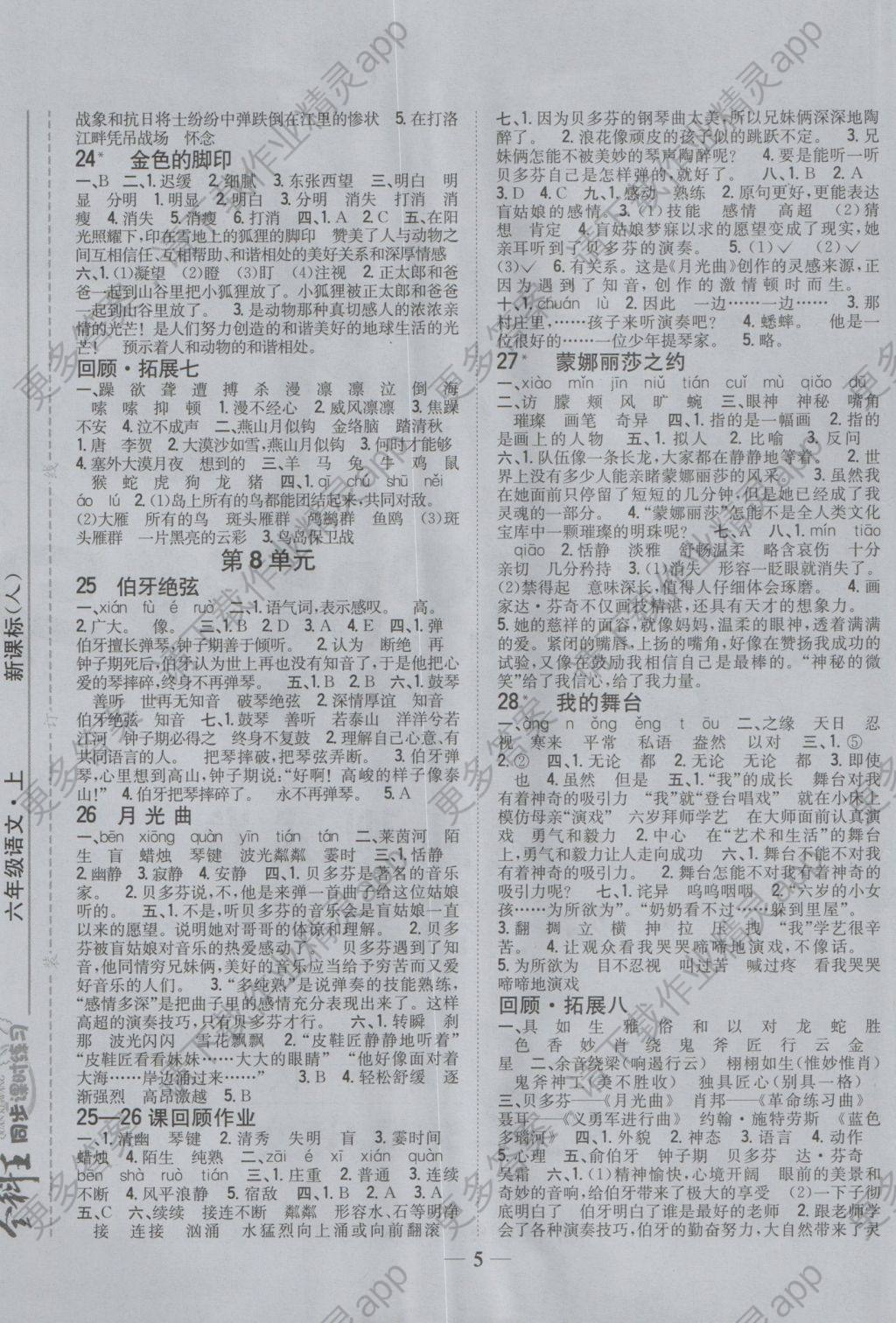 2016年全科王同步课时练习六年级语文上册人教版 参考答案第5页