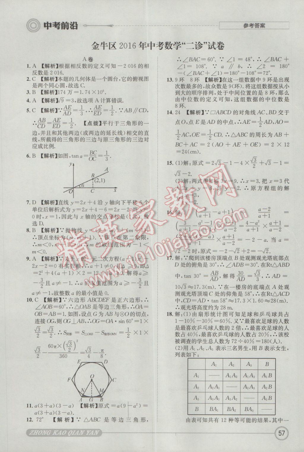 2017年成都初升高必備中考前沿數(shù)學(xué) 參考答案第57頁