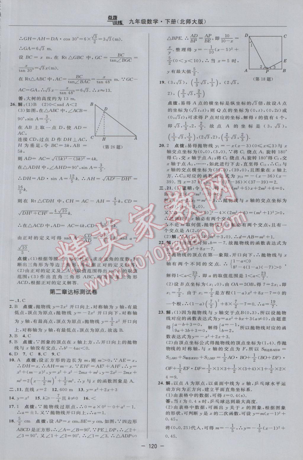 2017年點撥訓(xùn)練九年級數(shù)學(xué)下冊北師大版 參考答案第2頁