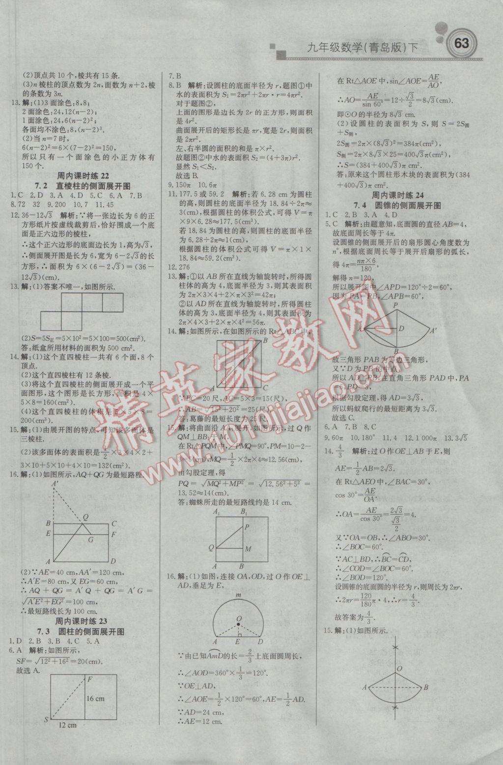 2017年輕巧奪冠周測月考直通中考九年級數(shù)學(xué)下冊青島版 參考答案