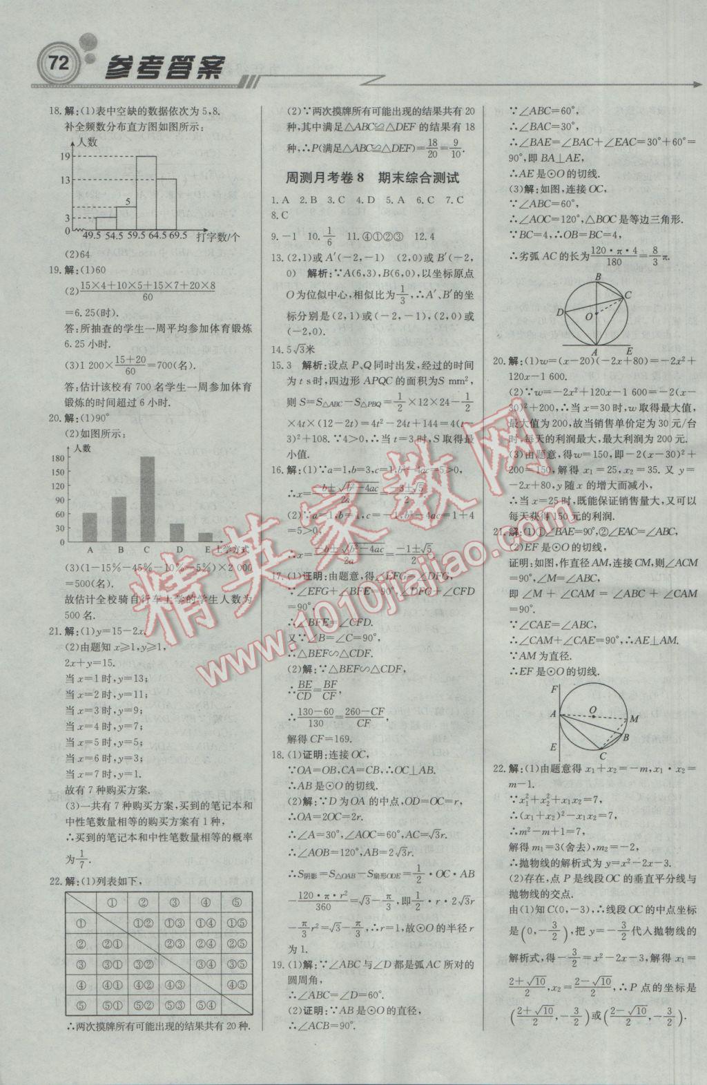 2017年輕巧奪冠周測月考直通中考九年級數(shù)學(xué)下冊湘教版 參考答案