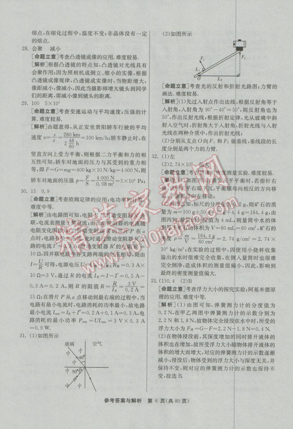 2017年春雨教育考必勝貴州省中考試卷精選物理 參考答案第6頁