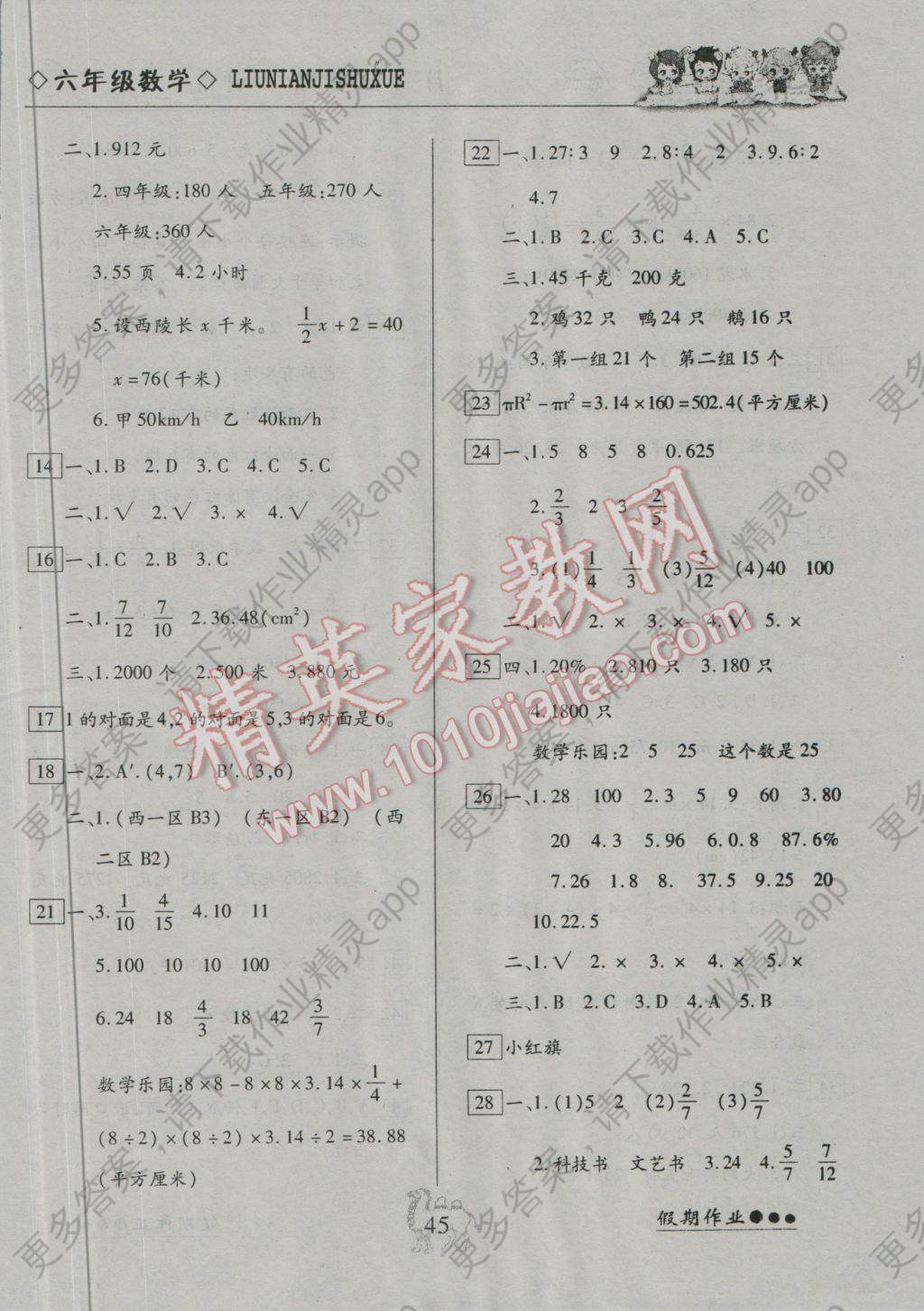 2017年倍优假期作业寒假作业六年级数学人教版答案